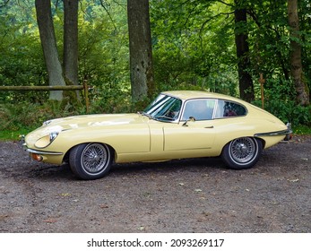 Studenec, Czechia. 25th Of September 2021. British Classic Vehicle Jaguar E-Type, Amazing Vintage Car Riding In Forest Path