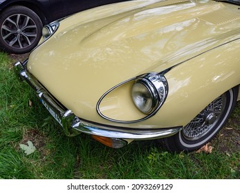 Studenec, Czechia. 25th Of September 2021. British Classic Vehicle Jaguar E-Type, Amazing Vintage Car Riding In Forest Path