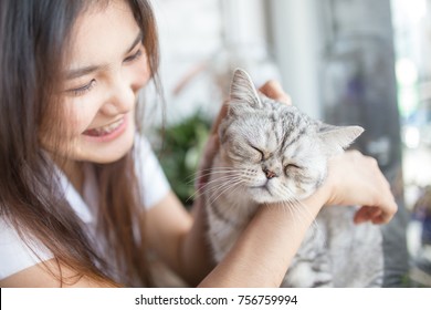 Student Asian Girl Playing With Her Cat In The Coffee Shop.