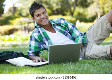 Student With Backpack Studying Outside