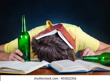 Student with the Beer sleep on the Books