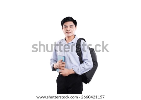 Student with Book and Backpack: A focused student is captured in a captivating moment, clutching a book and carrying a backpack, demonstrating academic drive, study.