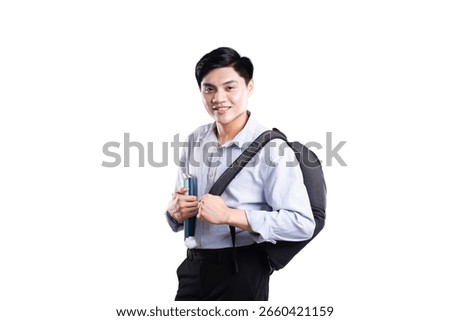 Student with Book and Backpack: A focused student is captured in a captivating moment, clutching a book and carrying a backpack, demonstrating academic drive, study.
