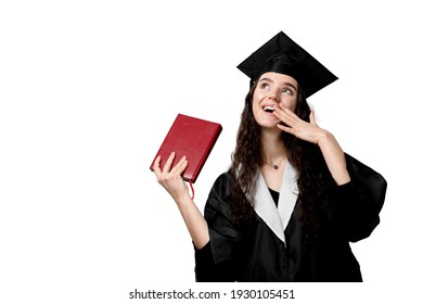 Student With Book In Graduation Robe And Cap Ready To Finish College. Future Leader Of Science. Academician Young Woman In Black Gown Smiling.