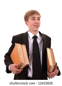 student carrying books on white background