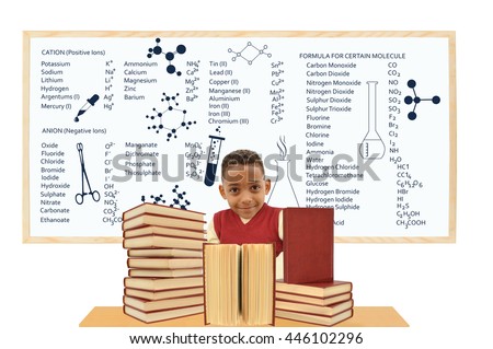 Student Chemistry Whiteboard (Compounds, Molecules, Laboratory Equipment) stack of books on desk isolated on white background