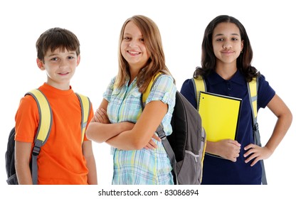 Student children in colorful shirts against a white background