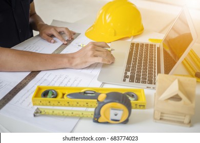 Student Civil Engineering Use Laptop Computer On Workspace In University.