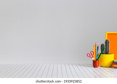 Student Creative Desk Mock Up With Colorful Office Supplies. Back To School.