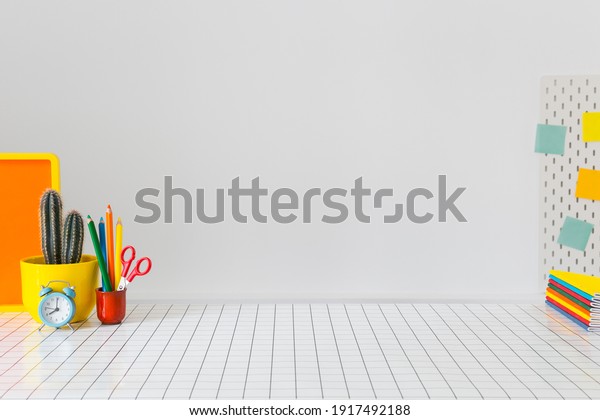 Student Creative Desk Mock Up With Colorful Office Supplies, Laptop And