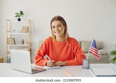 Student At Desk Studying Free Online American University Academic Course During Global Covid 19 Pandemic, Writing Essay, Scholarship Application, Preparing For Youth Job, Work Travel, USA Immigration