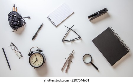 Student Education Equipment. School And Office Accessories Flat Lay On White Background. Top View