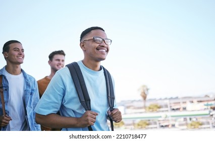 Student, Education Or Travel With A Man And Friends Walking To Class On University Or College Campus As Exchange Students. Study, Scholarship And Learning With A Male Friend Group In A City Or Town