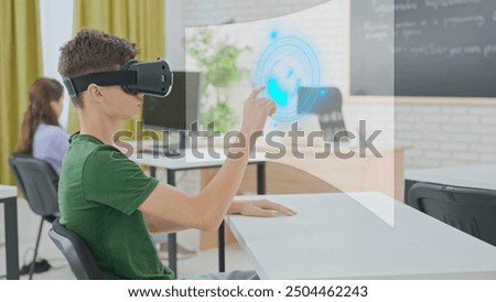 Student Engaging with Advanced VR Interface in Classroom