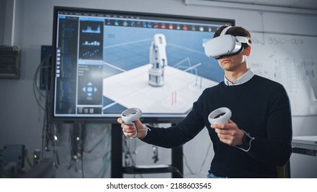 Student Engineer Wearing Virtual Reality Headset Holding Joysticks and Controlling Bionic Limb Under while her Actions Displayed on Screen. Modern Equipment and Computer Science Education Concept - Powered by Shutterstock