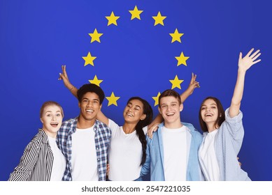 Student Exchange Programs In Eu. Happy Multiracial Teens Posing Over Europe Union Flag, Creative Collage