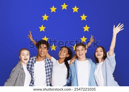 Student Exchange Programs In Eu. Happy Multiracial Teens Posing Over Europe Union Flag, Creative Collage