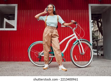 Student, Girl And Bike With Headphone Music For Sustainable Commute Leisure In Chicago, USA. Gen Z College Girl With Vintage Bicycle Enjoying Eco Travel In City With Streaming Entertainment.