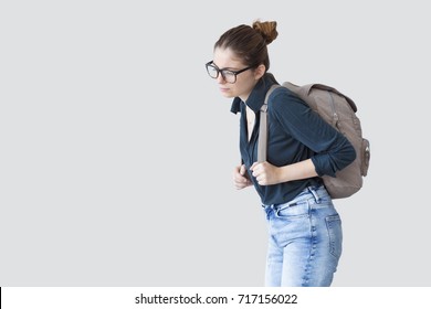 Student Girl With Heavy Schoolbag