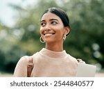 Student, girl and tablet with thinking in nature for morning commute to campus and daydreaming of future. Indian woman, person and happy at university for thesis inspiration, education or scholarship