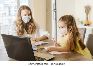 Student Girl And Teacher With Medical Mask On Face At Home; Coronavirus Quarantine, Remote Education Concept.