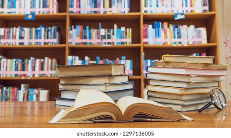 Student international library university bookshelves education. woman looking cheerful returned after reading standing near bookshelves. Asian female student holding book literature lesson the break. - Powered by Shutterstock