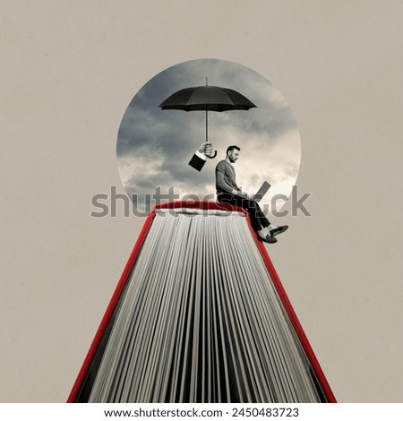 A student with a laptop sits on a large book, with an umbrella above him. Art collage.