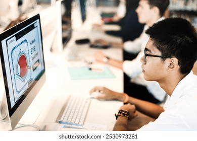Student learning on a computer, focused on the screen. Online learning and technological education. Student learning on computer at library. Student focusing on computer study a lesson.