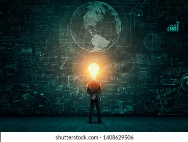 Student With Lit Light Bulb As A Head Solving Math Problem Drawn On Blackboard.