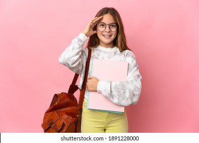 Student Little Girl Over Isolated Pink Background With Surprise Expression