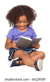 Student Little Girl Reading With A Book Isolated Over White