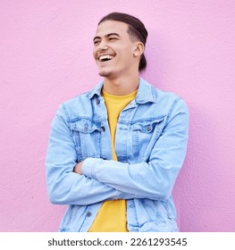 Student man, arms crossed and fashion by background with smile, happiness and profile with vision. Young gen z guy, excited and happy for future with goals, motivation and edgy clothes by pink wall