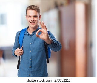 Student Man With Back Pack Doing Allright Sign