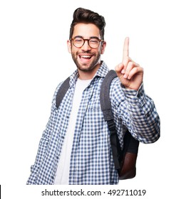 student man doing number one gesture