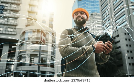 Student, man and phone or connection hologram in city communication, internet speed and data for urban travel. Young person walking and thinking of mobile integration, social media and street overlay - Powered by Shutterstock