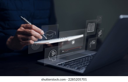 Student or man use computer for elearning, education online, Internet Technology webinar, Online courses, Online seminar, meeting, research, study, and knowledge database. study lessons on Internet,