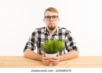 Student, Office And People Concept - A Young Grumpy Man Sitting At The Table With A Green Plant On White Background. He Looks Serious And Strange