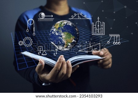 Student open book to study the orb globe gravitational force grid in the world of Sir Isaac Newton's Laws of Motion action reaction force or equal to mass time acceleration. Physics education concept.