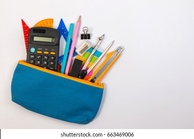 Student Pencil Bag Or Pencil Case With School Supplies For Student On White Background. Blue Pencil Box With School Equipment For Math Class Isolated On White Background. School Math Equipment.