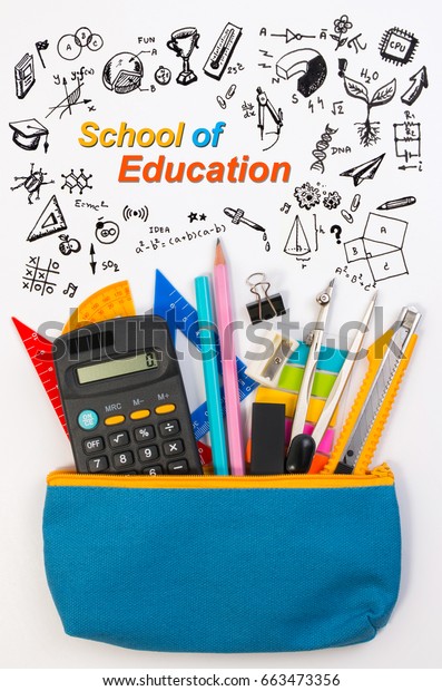 Student pencil bag or pencil case with school\
supplies for student on white background. Blue pencil box with\
school equipment for math class isolated on white background.\
School math equipment.