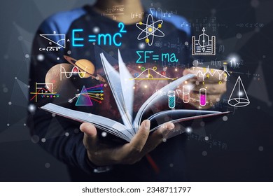 A student or physics scientist open a book to study theory of physics law of planetary gravitation motion and general relativity equation or light spectrum. Albert einstein and sir isaac newton laws - Powered by Shutterstock