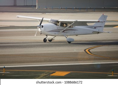 Student Pilot Is Practicing Landings In A Fixed Wing Cessna 172 At Santa Monica Airport, California