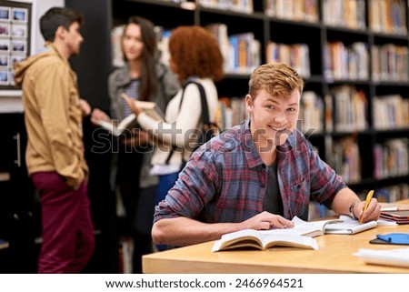 Student, portrait and notebook in library for study, education and university quiz with pen on table. Man, book and knowledge on school campus for college exam, research and learning with scholarship