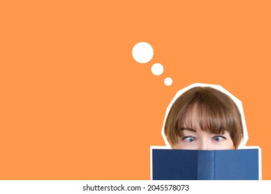 The student is preparing for the exam. A girl is reading a textbook. A collage in the magazine style. A woman and a book on an orange background. Space for the text. Assimilation of information.