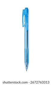 Student push-button ballpoint pen made of blue transparent plastic isolated on white background