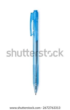 Student push-button ballpoint pen made of blue transparent plastic isolated on white background