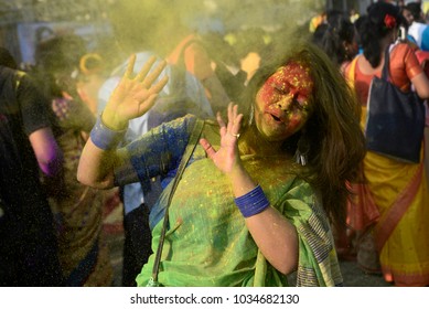 A Student Of Rabindra Bharati University Reacts While Celebrating Vasanta Utsav On The Occasion Of Holi Festival On February 26, 2018 In Calcutta, India.