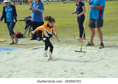 A Student From A School Doing A Long Jump At The Bramble Bay District Athletics,McPherson Park,Bracken Ridge,Brisbane,Australia On Thursday 3rd Of August, 2017. Time Started From 8:30am To 12:30pm.   