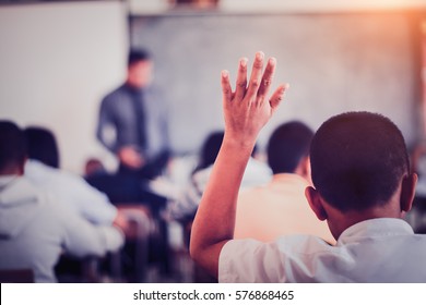student sitting at their desks  and  raise their hands in a classroom.
