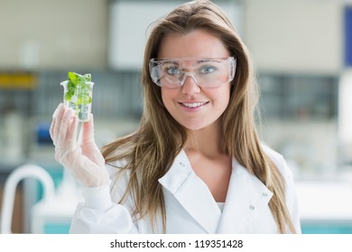 Student Standing At The Laboratory While Smiling And Holding Plant In A Beaker